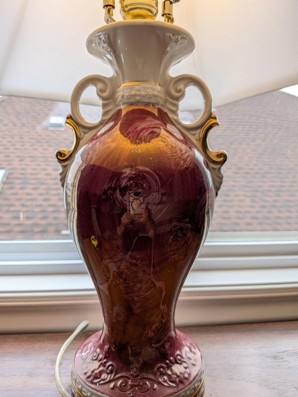 Mid-century Rococo Style Burgundy & Gold Porcelain Figural Urn Table Lamp - Picture 14 of 16